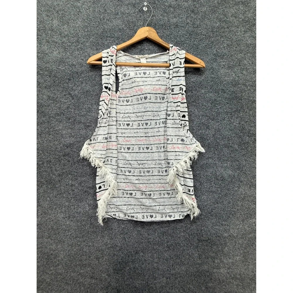 Self Esteem Vest Kids Large Gray Paris Heart Fringe Hooded Layering Top Boho Y2K